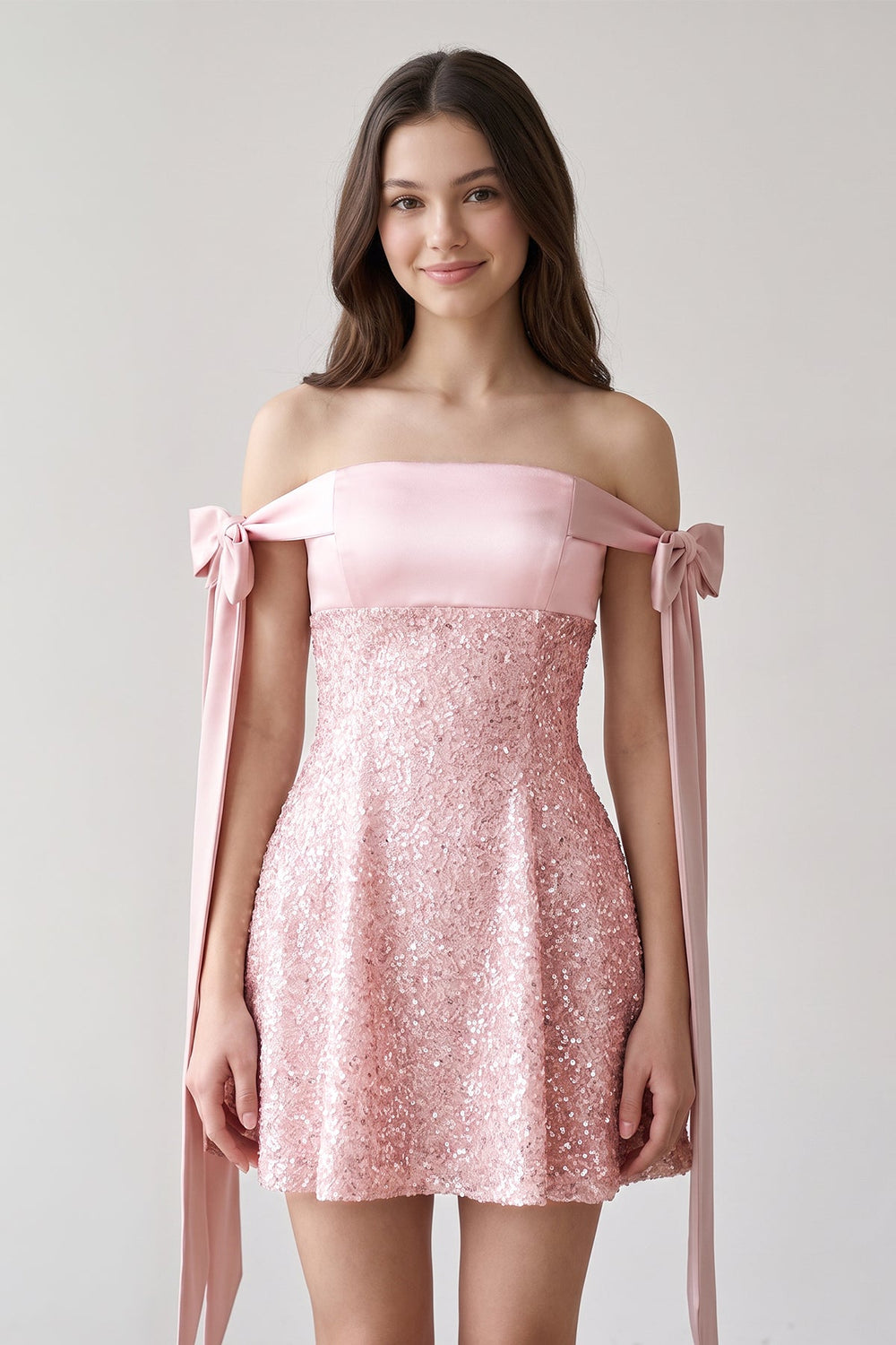 Pink Off-the-Shoulder A-Line Satin Homecoming Dress with Sequins | KISSPROM