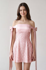 Pink Off-the-Shoulder A-Line Satin Homecoming Dress with Sequins | KISSPROM