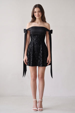 Black Off-the-Shoulder A-Line Satin Homecoming Dress with Sequins (3) | KISSPROM