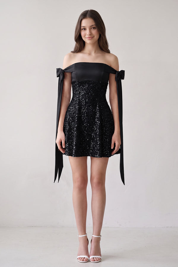 Black Off-the-Shoulder A-Line Satin Homecoming Dress with Sequins (3) | KISSPROM