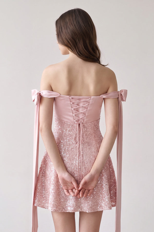 Pink Off-the-Shoulder A-Line Satin Homecoming Dress with Sequins (2) | KISSPROM