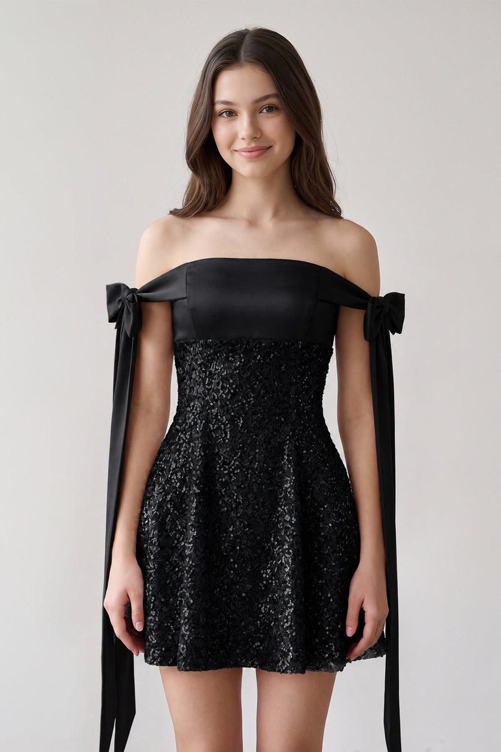 Black Off-the-Shoulder A-Line Satin Homecoming Dress with Sequins | KISSPROM