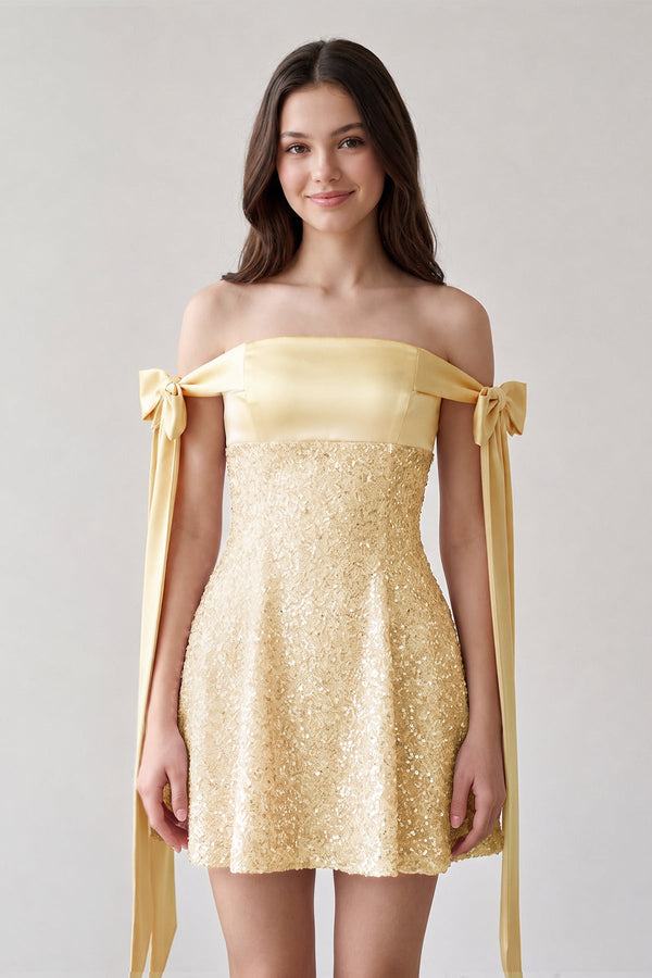 Yellow Off-the-Shoulder A-Line Satin Homecoming Dress with Sequins | KISSPROM
