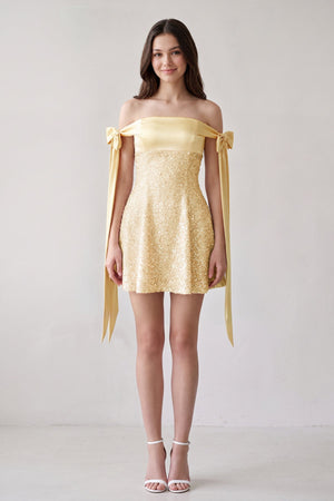 Yellow Off-the-Shoulder A-Line Satin Homecoming Dress with Sequins (3) | KISSPROM