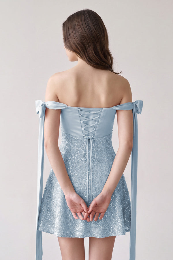 Blue Off-the-Shoulder A-Line Satin Homecoming Dress with Sequins (2) | KISSPROM