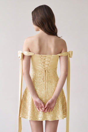 Yellow Off-the-Shoulder A-Line Satin Homecoming Dress with Sequins (2) | KISSPROM