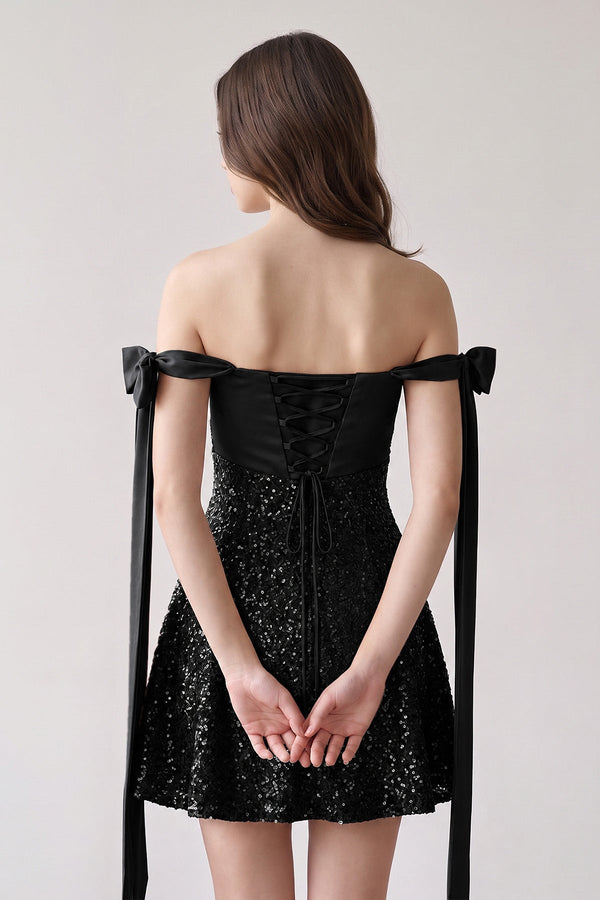 Black Off-the-Shoulder A-Line Satin Homecoming Dress with Sequins (2) | KISSPROM