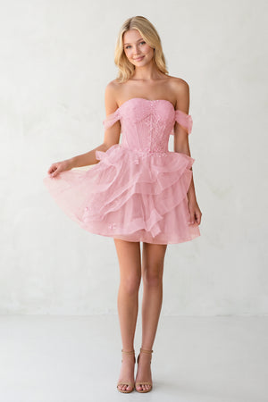 Pink Off The Shoulder A Line Sequins Tulle Homecoming Dresses With Appliques | KISSPROM