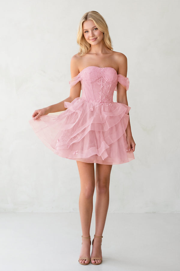 Pink Off The Shoulder A Line Sequins Tulle Homecoming Dresses With Appliques | KISSPROM