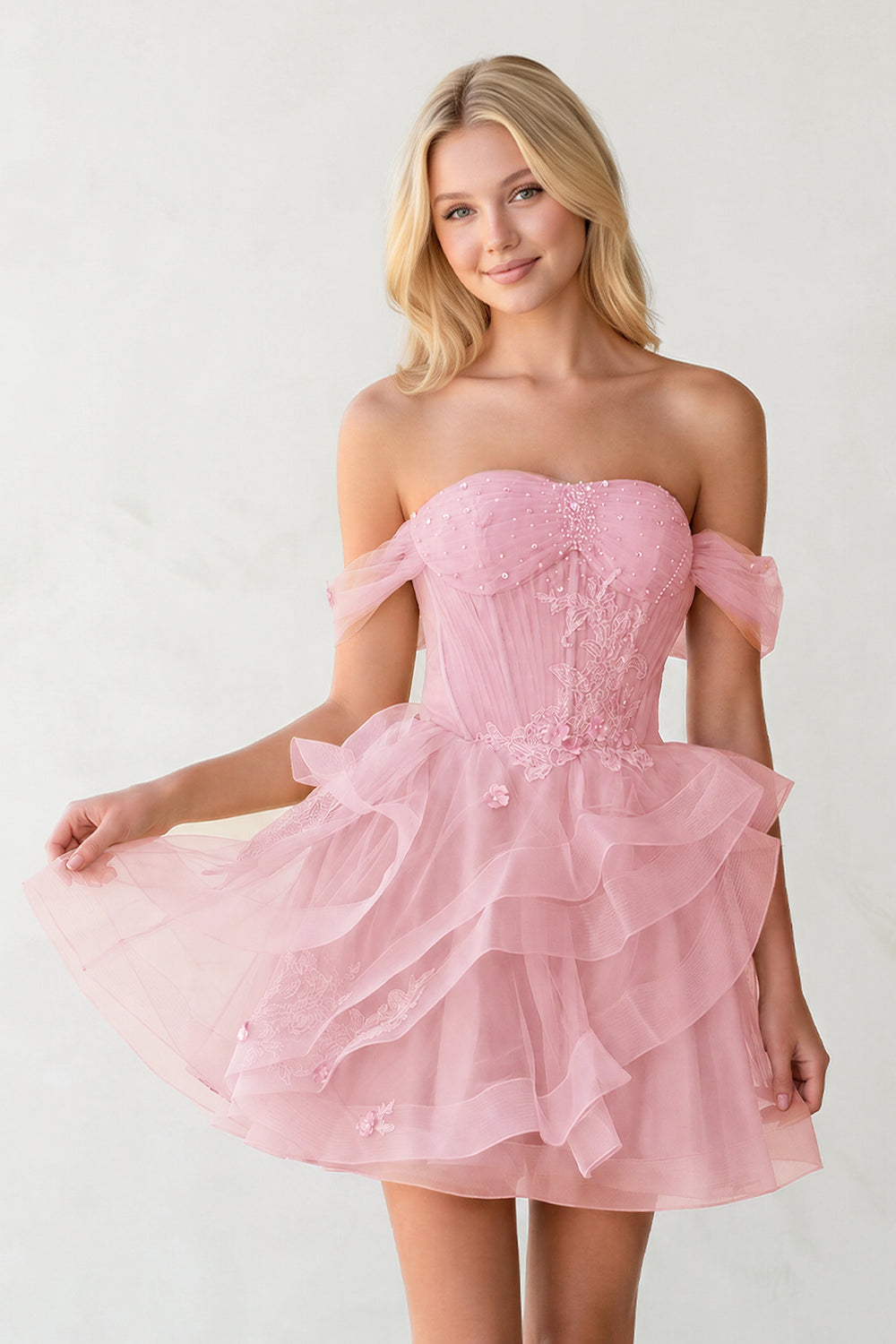 Pink Off The Shoulder A Line Sequins Tulle Homecoming Dresses With Appliques | KISSPROM