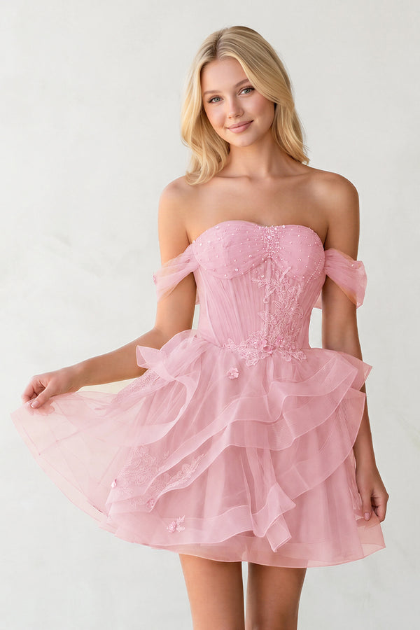 Pink Off The Shoulder A Line Sequins Tulle Homecoming Dresses With Appliques | KISSPROM
