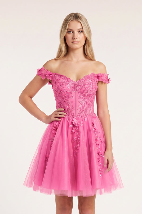 Pink Off-the-Shoulder Beaded Appliques A-Line Homecoming Dress | KISSPROM