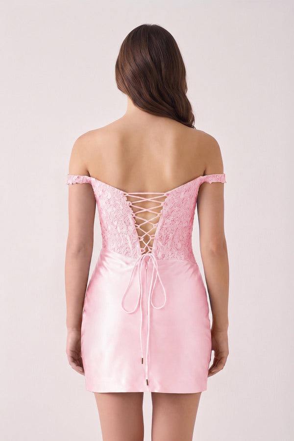Pink Off The Shoulder Bodycon Satin Mini Party Dress With Appliques (2) | KISSPROM