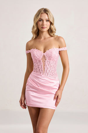 Pink Off The Shoulder Bodycon Satin Pleated Homecoming Dresses With Appliques | KISSPROM