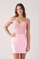Pink Off The Shoulder Bodycon Satin Pleated Homecoming Dresses With Appliques | KISSPROM