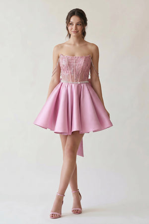 A-Line Pink Lace Off-the-Shoulder Bow-Back Short Homecoming Dress - KissProm