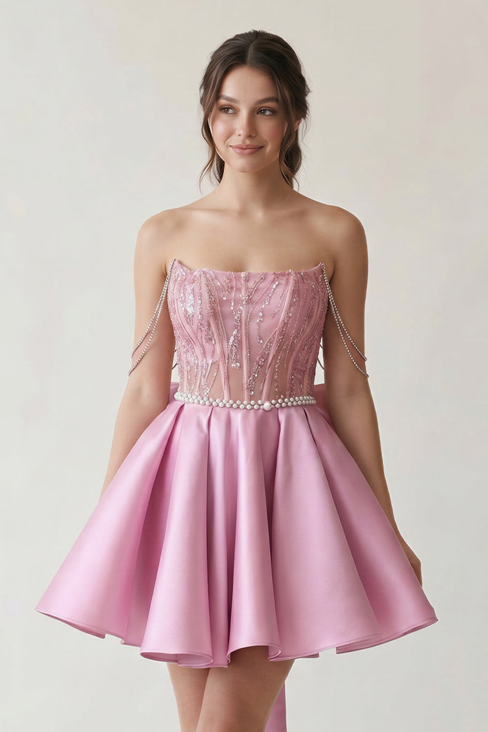 A-Line Pink Lace Off-the-Shoulder Bow-Back Short Homecoming Dress - KissProm
