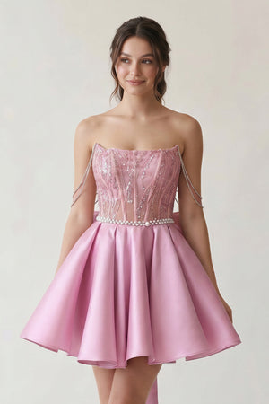 A-Line Pink Lace Off-the-Shoulder Bow-Back Short Homecoming Dress - KissProm
