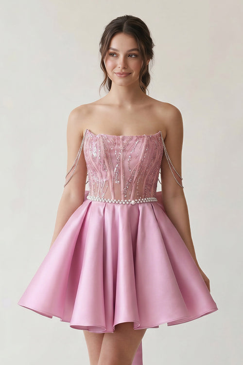 A-Line Pink Lace Off-the-Shoulder Bow-Back Short Homecoming Dress - KissProm