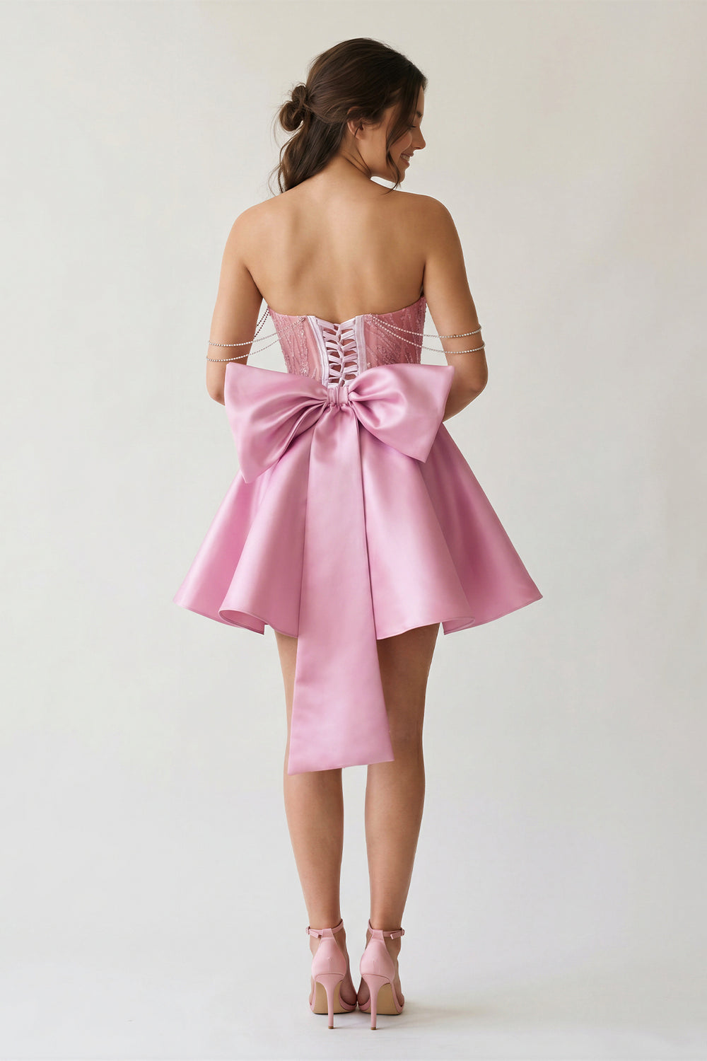 A-Line Pink Lace Off-the-Shoulder Bow-Back Short Homecoming Dress - KissProm