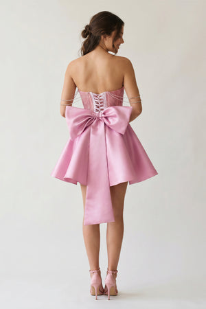 A-Line Pink Lace Off-the-Shoulder Bow-Back Short Homecoming Dress - KissProm