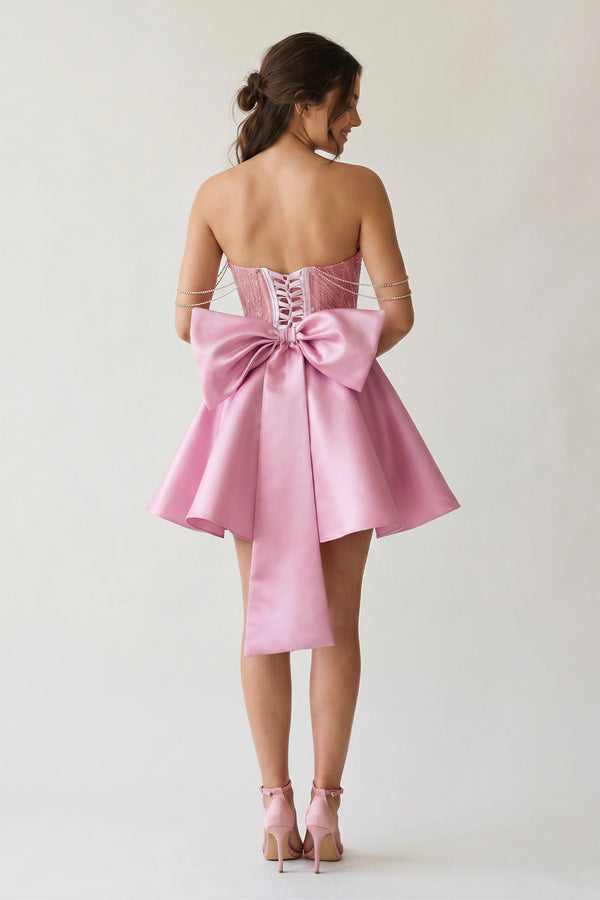 A-Line Pink Lace Off-the-Shoulder Bow-Back Short Homecoming Dress - KissProm