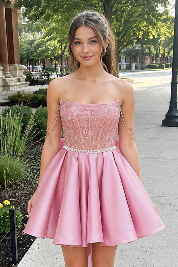 A-Line Pink Lace Off-the-Shoulder Bow-Back Short Homecoming Dress - KissProm