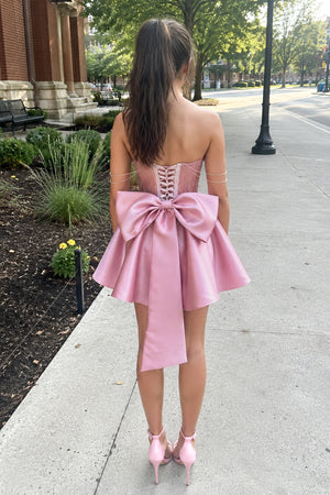 A-Line Pink Lace Off-the-Shoulder Bow-Back Short Homecoming Dress - KissProm