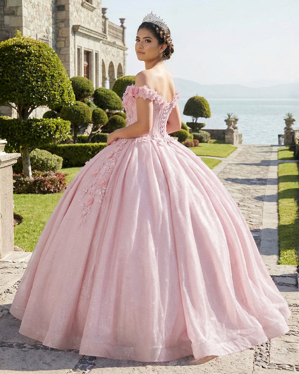 Pink Off the Shoulder Glitter 3D Floral Quinceanera Dresses (2) | KISSPROM