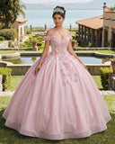 Pink Off the Shoulder Glitter 3D Floral Quinceanera Dresses | KISSPROM