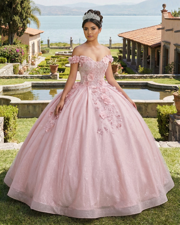 Pink Off the Shoulder Glitter 3D Floral Quinceanera Dresses | KISSPROM