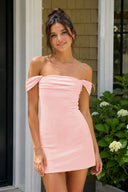 Pink Off the Shoulder Linen Sheath Homecoming Dress with Lace Up Back | KISSPROM