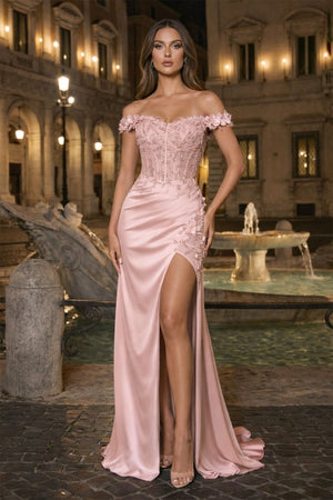Pink Off The Shoulder Mermaid Beaded Satin Long Party Dress With Appliques | KISSPROM