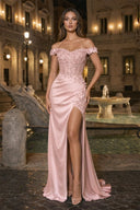 Burgundy Off The Shoulder Mermaid Beaded Satin Long Prom Dresses With Appliques – Prom Dress by KissProm | Available at KissProm