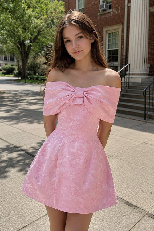Pink Off The Shoulder Jacquard A Line Homecoming Dress With Appliques - KISSPROM