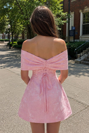 Pink Off The Shoulder Jacquard A Line Homecoming Dress With Appliques - KISSPROM