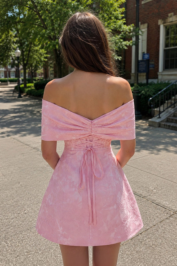 Pink Off The Shoulder Jacquard A Line Homecoming Dress With Appliques - KISSPROM