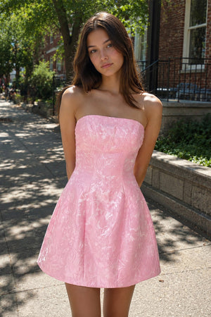 Pink Off The Shoulder Jacquard A Line Homecoming Dress With Appliques - KISSPROM