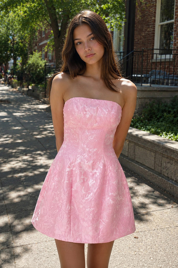 Pink Off The Shoulder Jacquard A Line Homecoming Dress With Appliques - KISSPROM