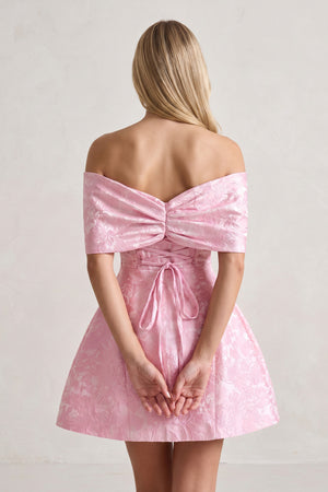 Pink Off The Shoulder Jacquard A Line Homecoming Dress With Appliques - KISSPROM