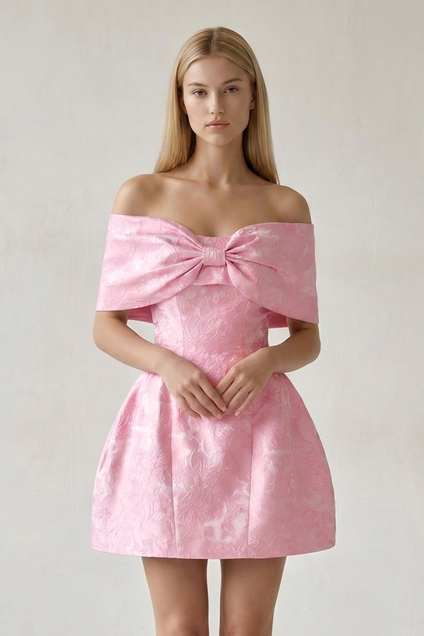 Pink Off The Shoulder Jacquard A Line Homecoming Dress With Appliques - KISSPROM