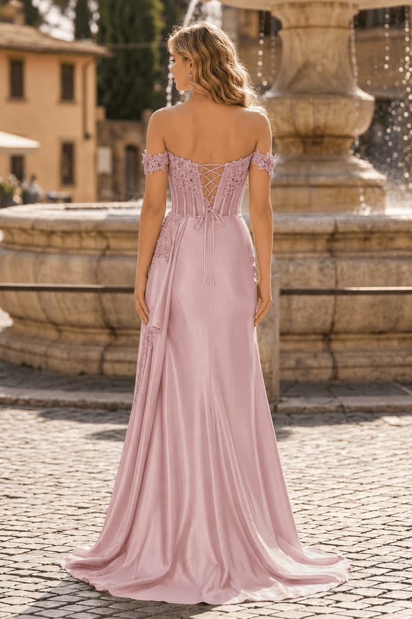 Pink Off the Shoulder Satin Beaded Long Party Dress With Slit (2) | KISSPROM