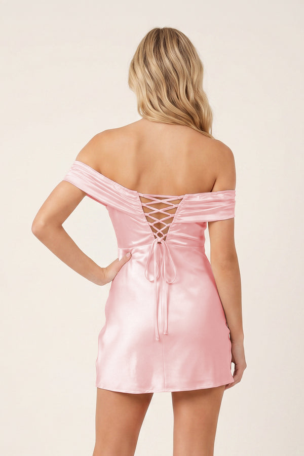 Pink Off-the-Shoulder Satin Sheath Homecoming Dress | KISSPROM