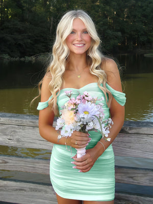 Mint Green Off The Shoulder Tulle Short Homecoming Dresses | KISSPROM