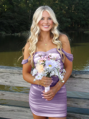 Lilac Off The Shoulder Tulle Short Homecoming & Cocktail Dresses  - KISSPROM