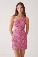 Pink One Shoulder Sequins Bodycon Cutout Mini Party Dress | KISSPROM