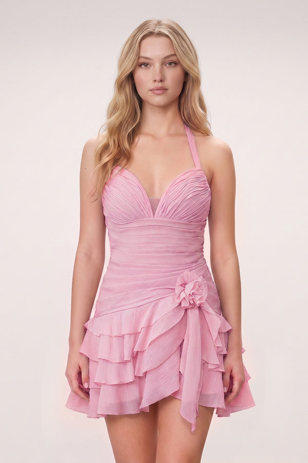Pink Organza Halter A-Line Pleated Ruffled Homecoming Dress | KISSPROM