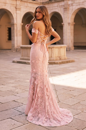 Off The Shoulder Floral Lace Long Prom Dress With Split – Prom Dresses by KissProm | Available at KissProm