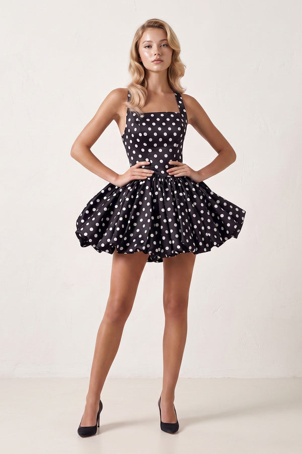 Black Polka Dots Halter Satin Bubble Hem A-Line Homecoming Dress | KISSPROM