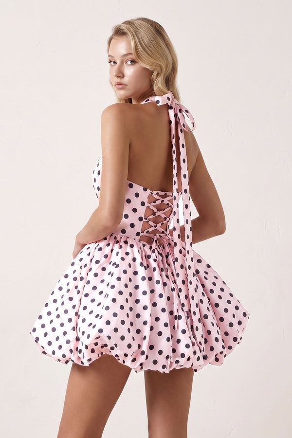Pink Polka Dots Halter Satin Bubble Hem A-Line Homecoming Dress | KISSPROM